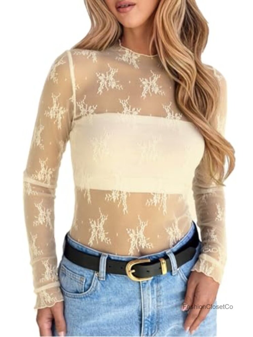 Sheer Lace Long Sleeve Mock Neck Mesh Top for Women